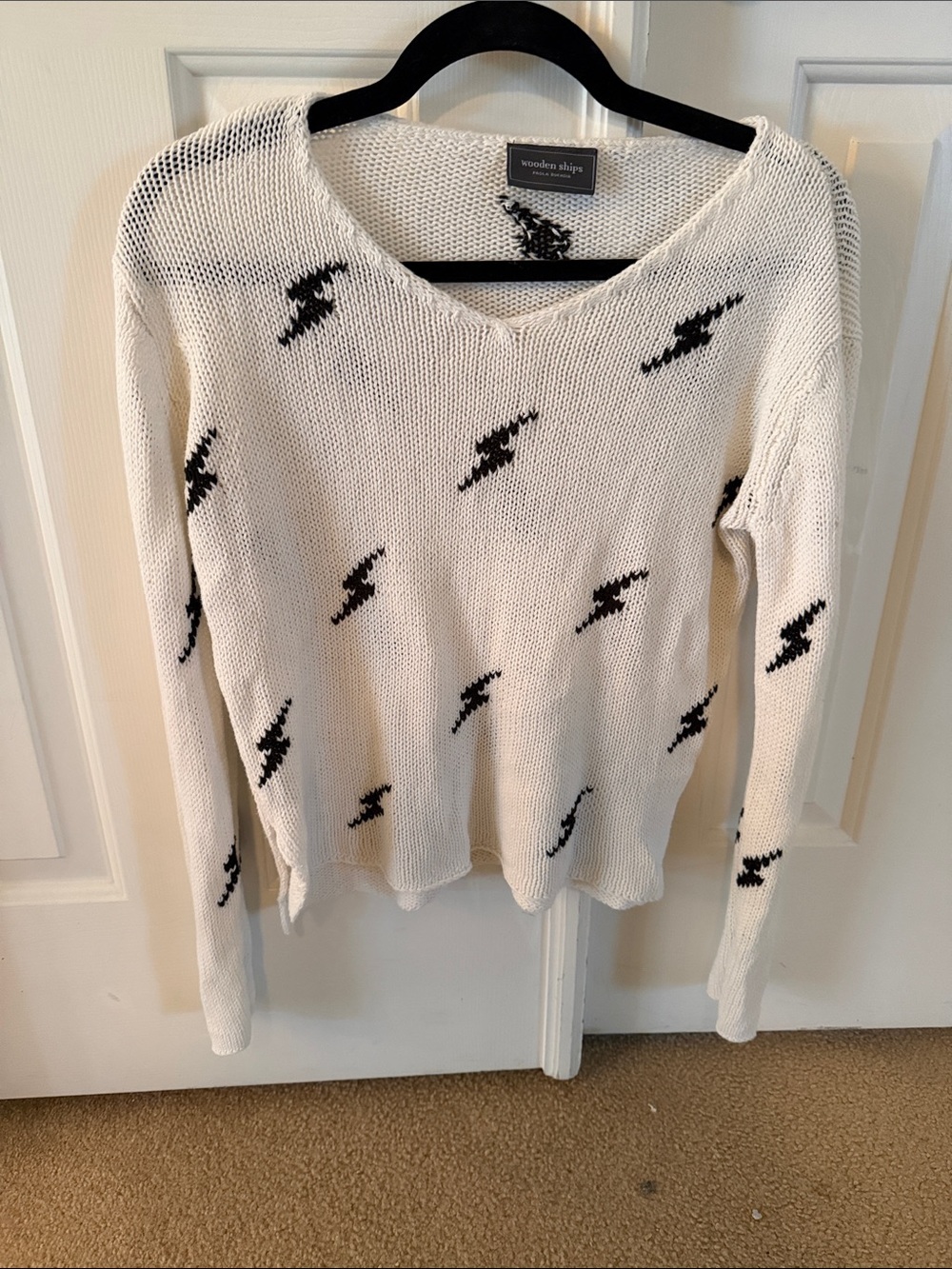 Wooden Ships Cream V-Neck Sweater with Black Lightning Motifs